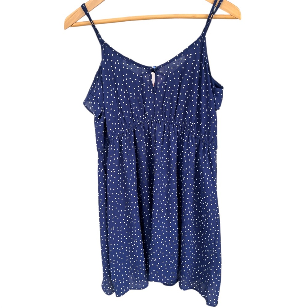 Three Hearts Navy and White Polka Dot Ruffle Slip Mini Dress - Picture 3 of 8